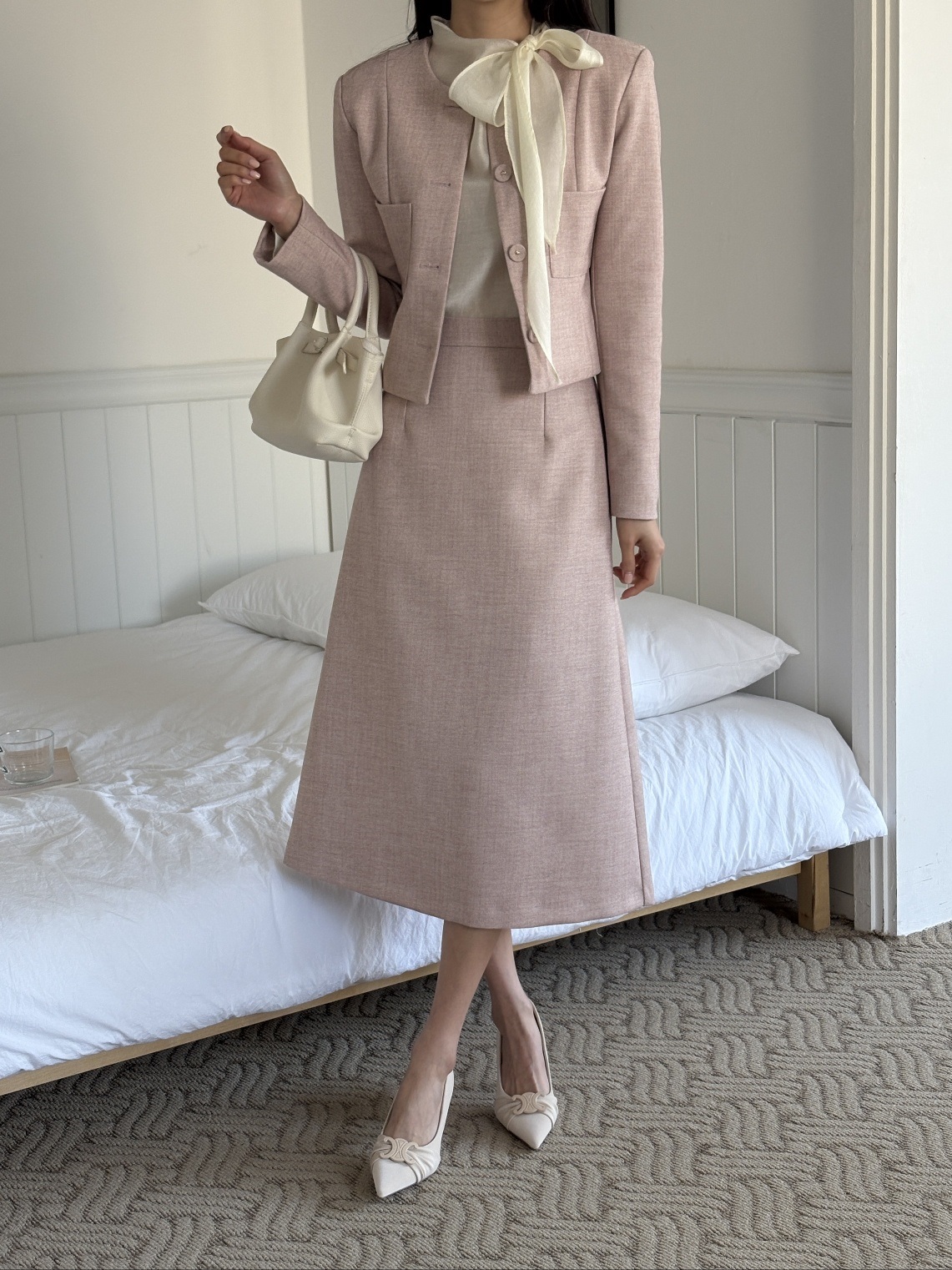 ボタンラウンドネック肩パッドラインショート長袖ツーポケットジャケット | 詳細画像17