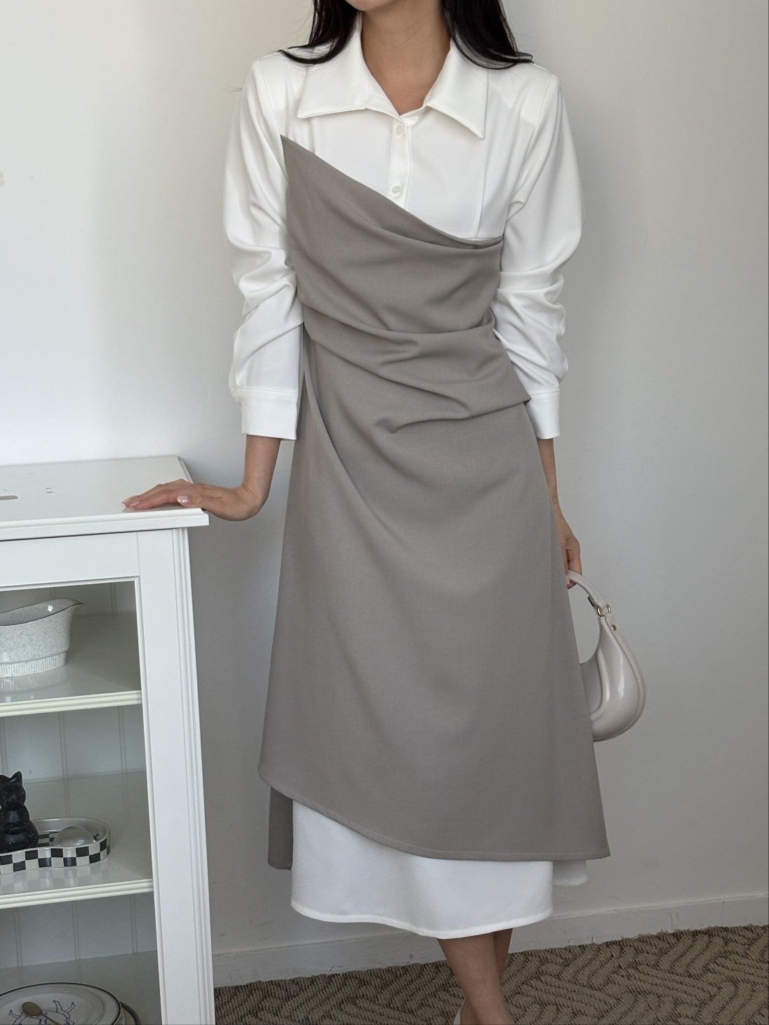 カラースリット肩パッドレイヤード風ハーフボタンロング長袖ギャザー配色ワンピース | 詳細画像2