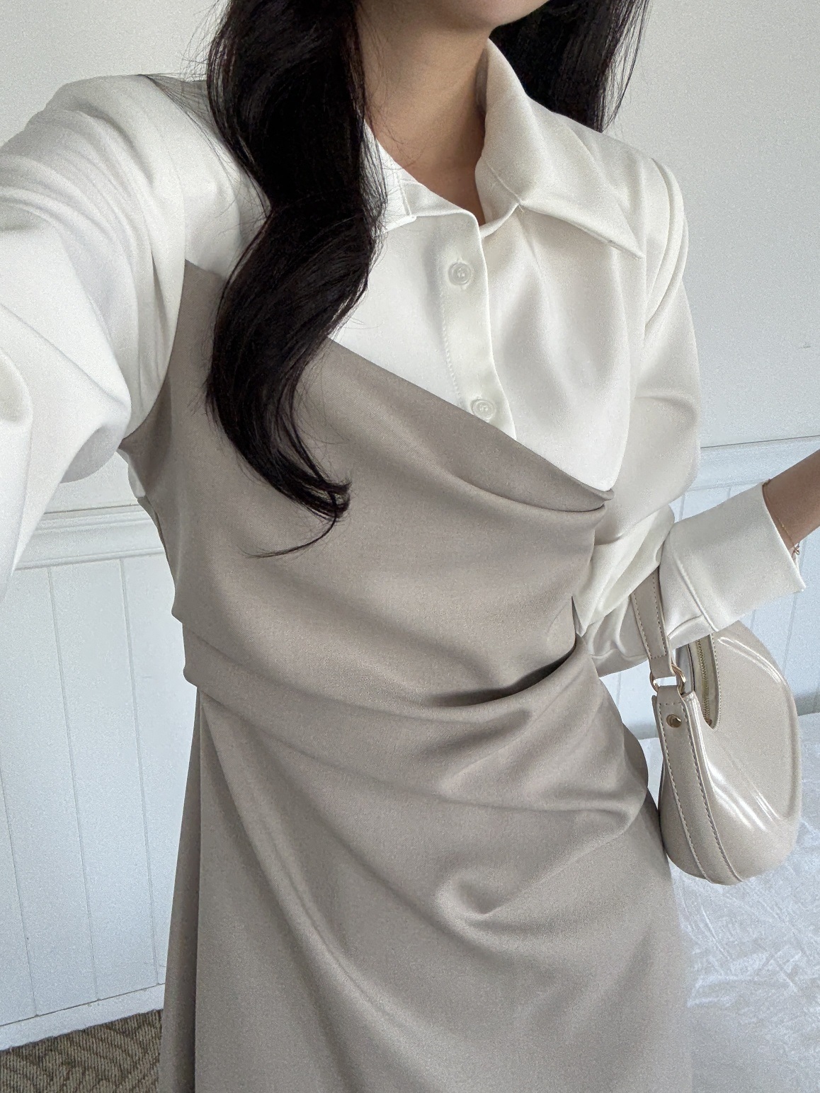 カラースリット肩パッドレイヤード風ハーフボタンロング長袖ギャザー配色ワンピース | 詳細画像3