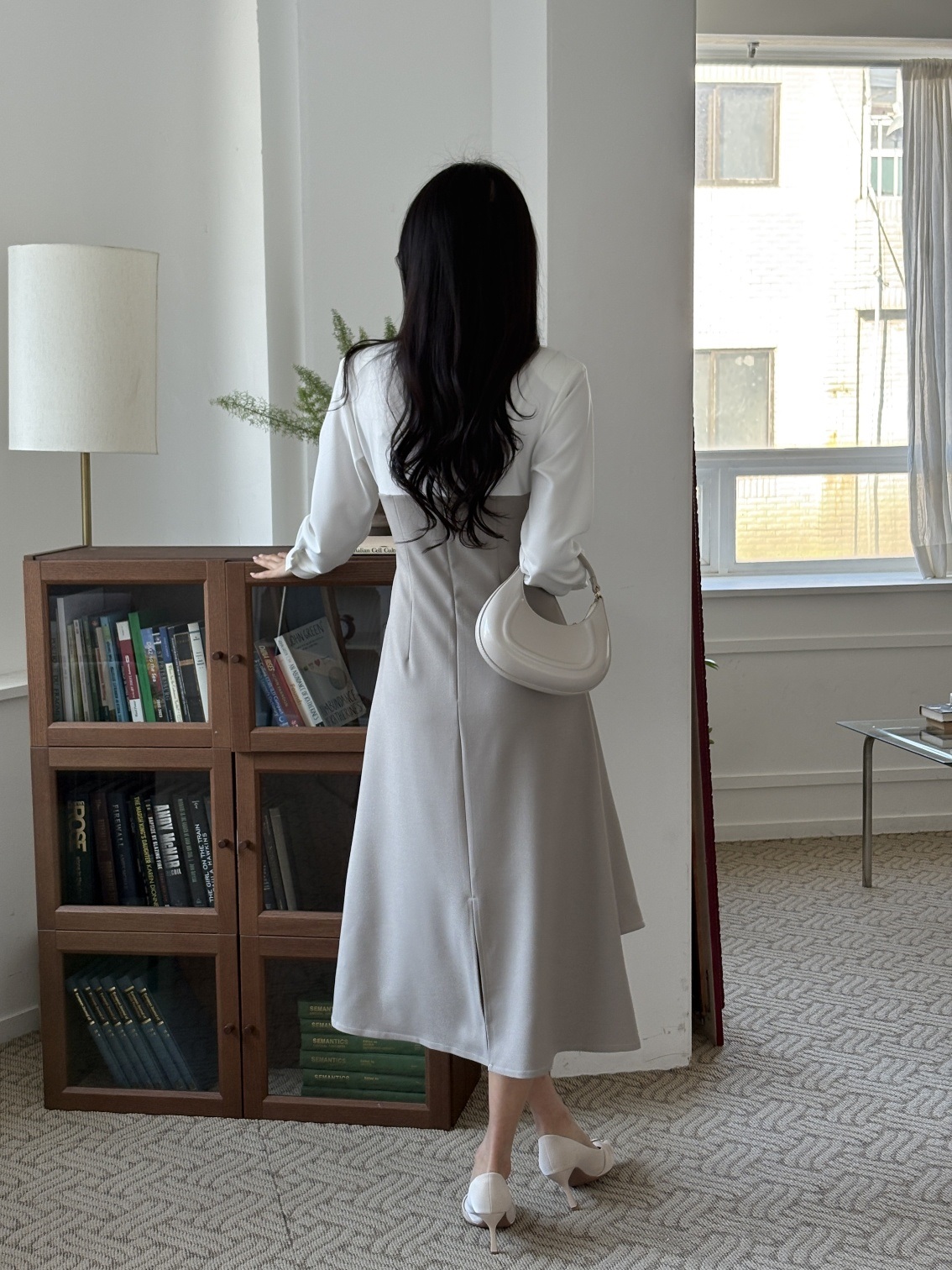 カラースリット肩パッドレイヤード風ハーフボタンロング長袖ギャザー配色ワンピース | 詳細画像5