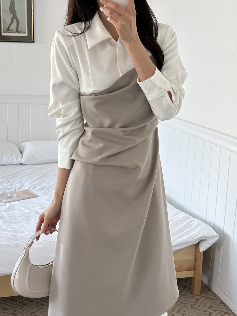 カラースリット肩パッドレイヤード風ハーフボタンロング長袖ギャザー配色ワンピース | 詳細画像6