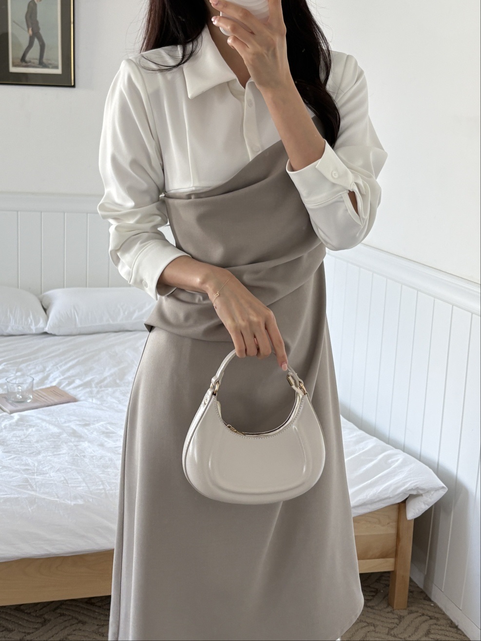 カラースリット肩パッドレイヤード風ハーフボタンロング長袖ギャザー配色ワンピース | 詳細画像7