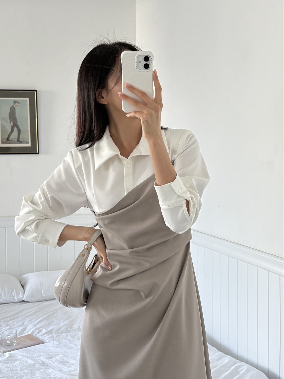 カラースリット肩パッドレイヤード風ハーフボタンロング長袖ギャザー配色ワンピース | 詳細画像9