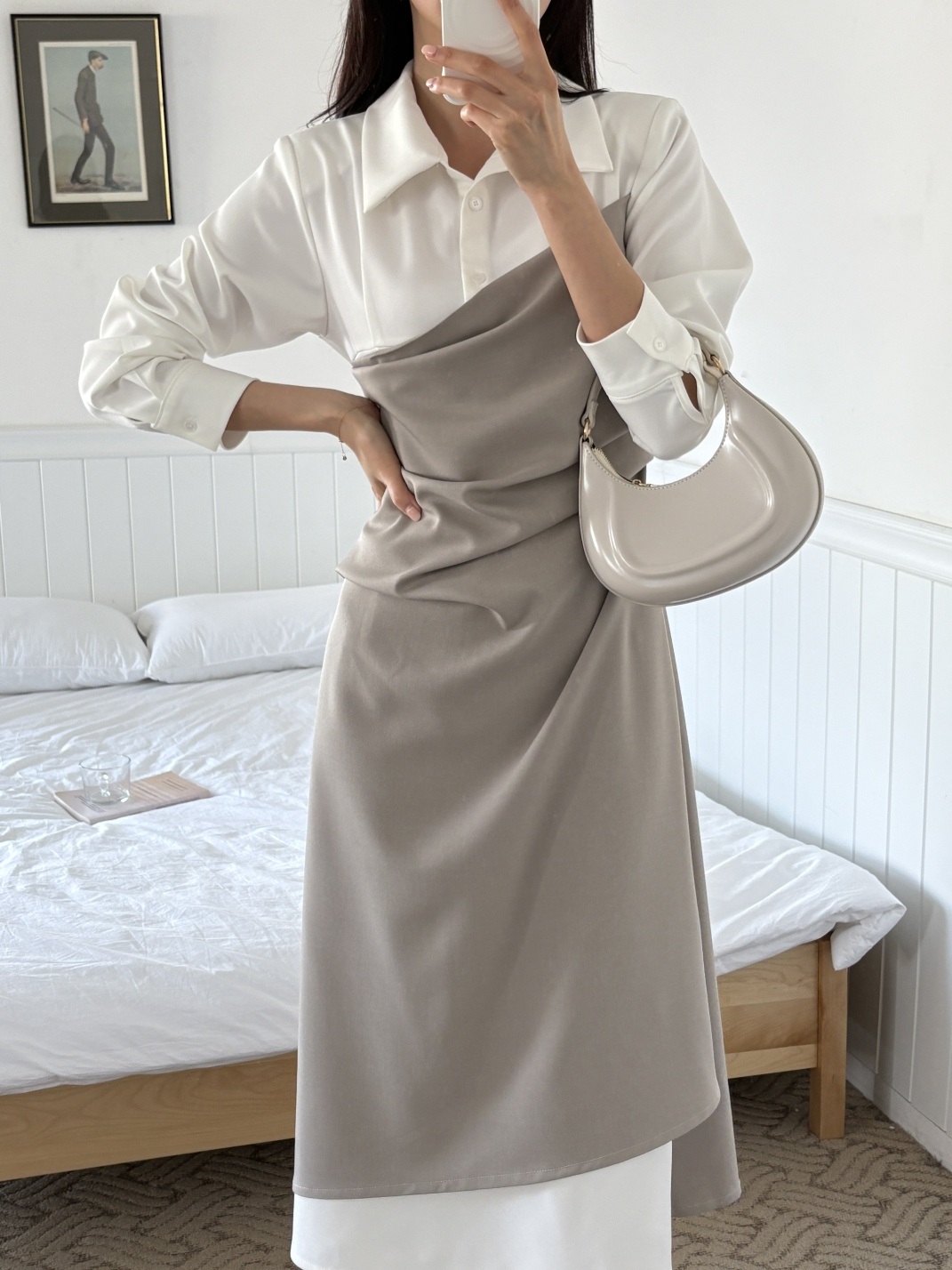 カラースリット肩パッドレイヤード風ハーフボタンロング長袖ギャザー配色ワンピース | 詳細画像10