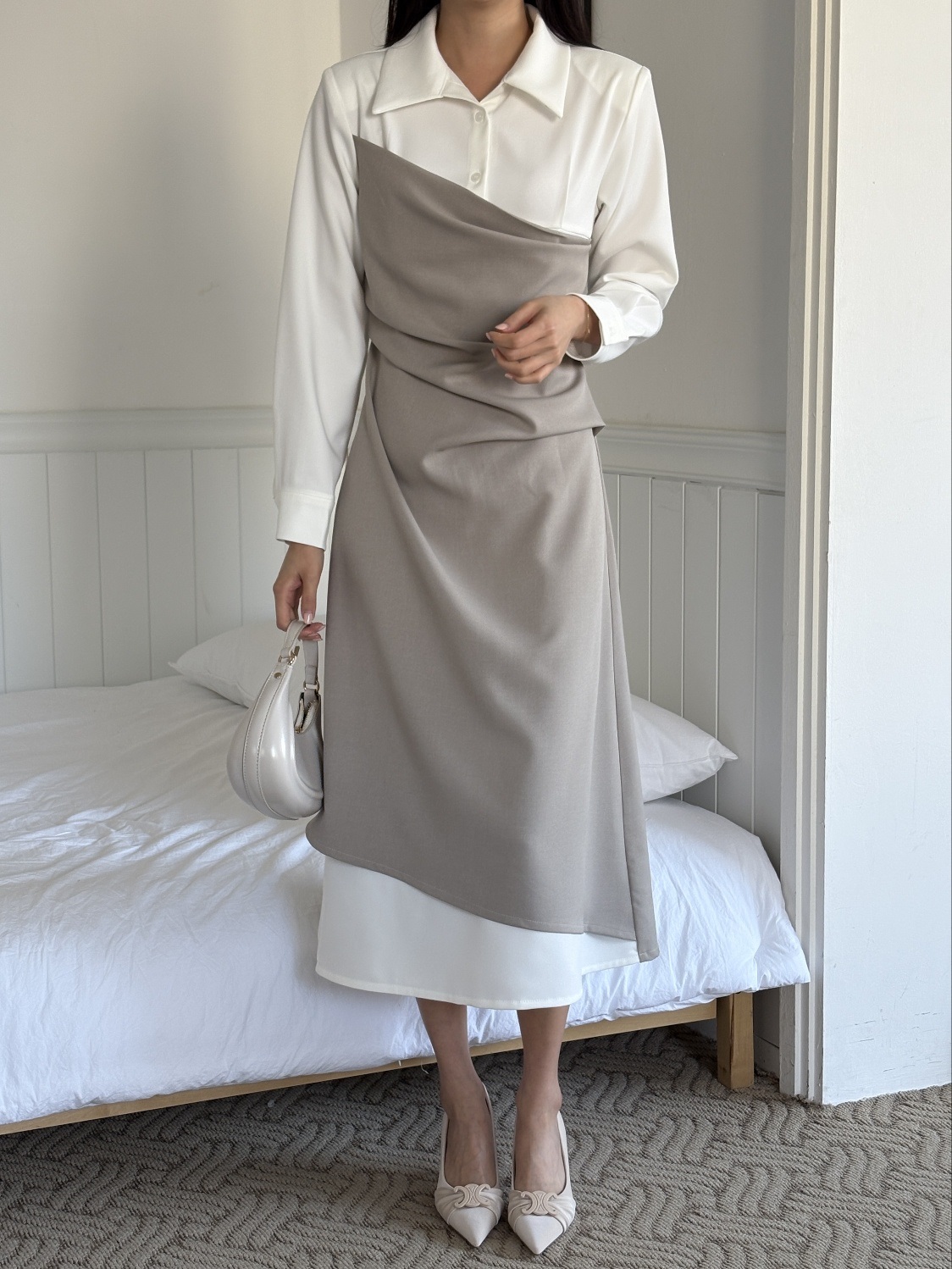 カラースリット肩パッドレイヤード風ハーフボタンロング長袖ギャザー配色ワンピース | 詳細画像12