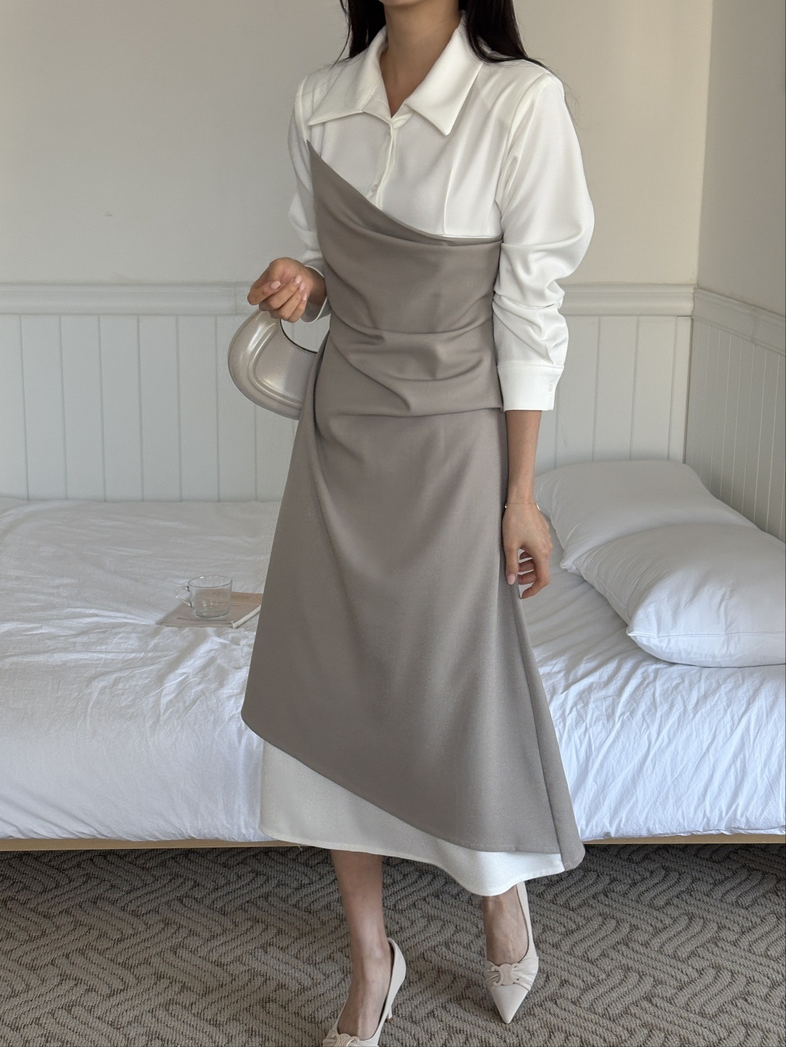 カラースリット肩パッドレイヤード風ハーフボタンロング長袖ギャザー配色ワンピース | 詳細画像14