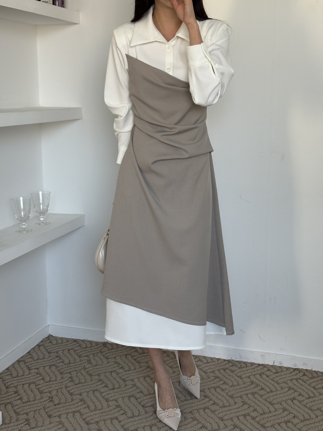 カラースリット肩パッドレイヤード風ハーフボタンロング長袖ギャザー配色ワンピース | 詳細画像15