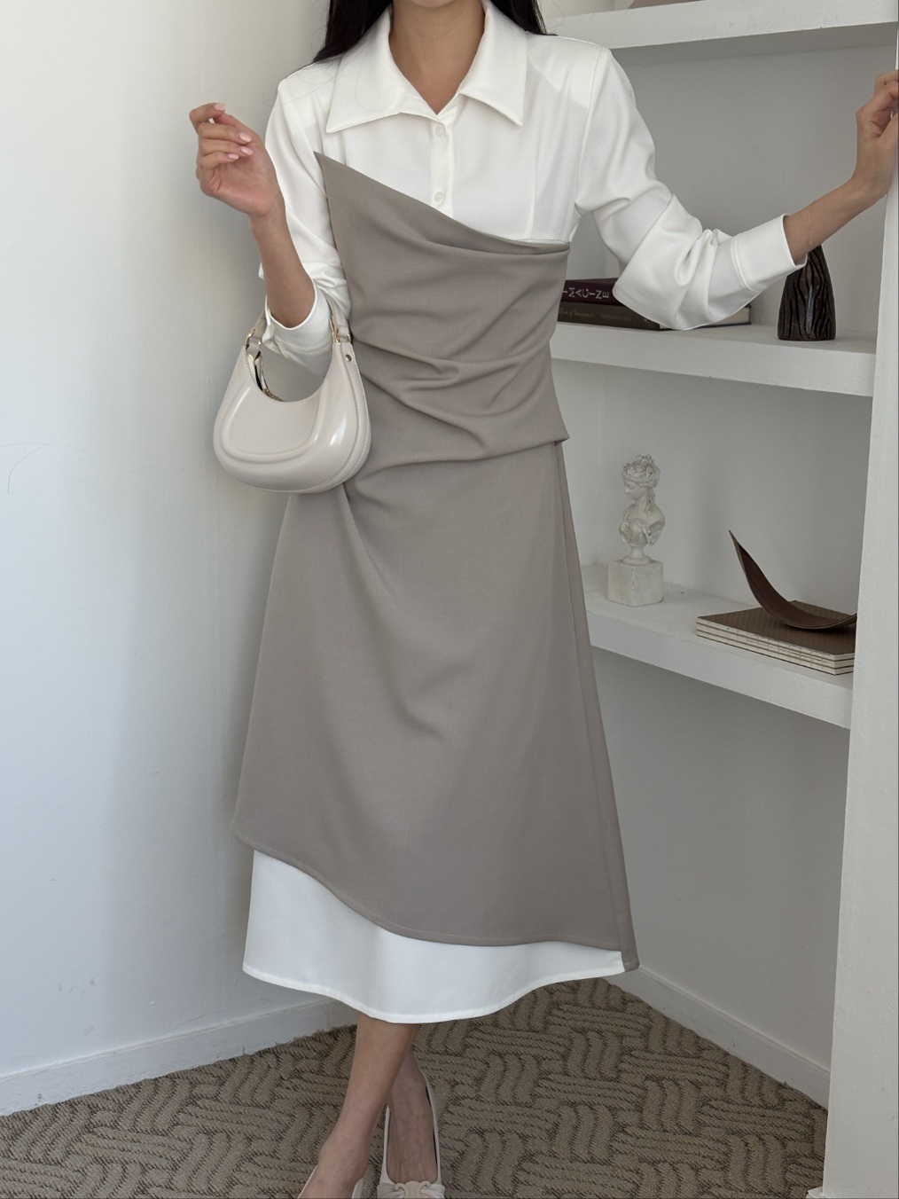 カラースリット肩パッドレイヤード風ハーフボタンロング長袖ギャザー配色ワンピース | 詳細画像16