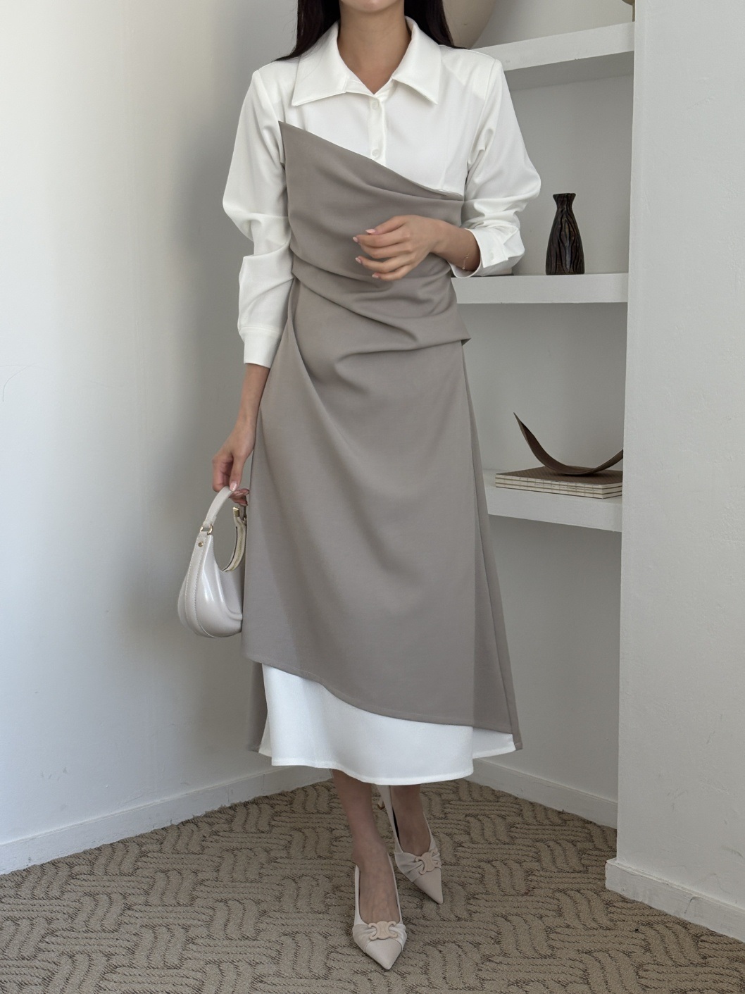 カラースリット肩パッドレイヤード風ハーフボタンロング長袖ギャザー配色ワンピース | 詳細画像18