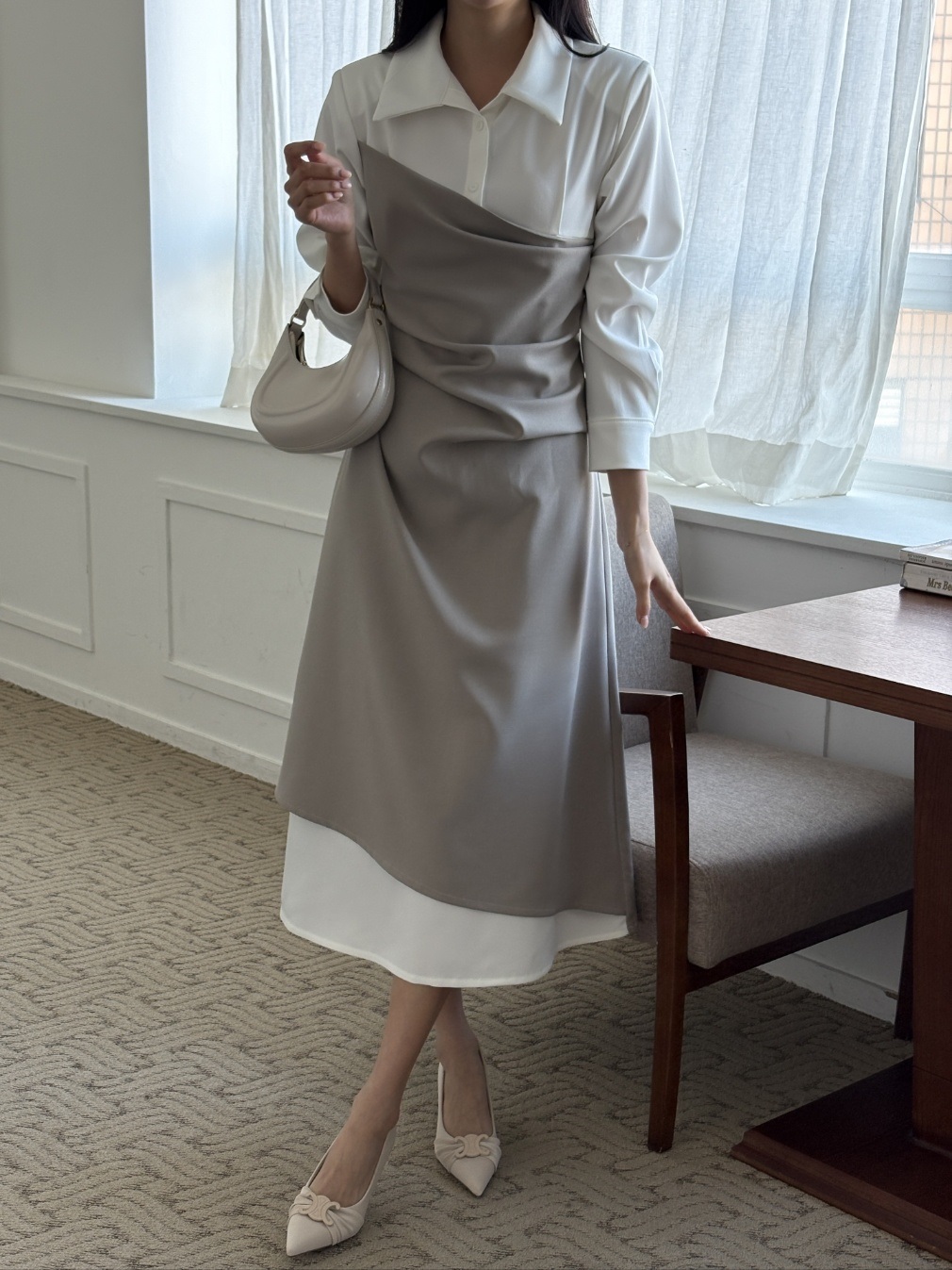 カラースリット肩パッドレイヤード風ハーフボタンロング長袖ギャザー配色ワンピース | 詳細画像19