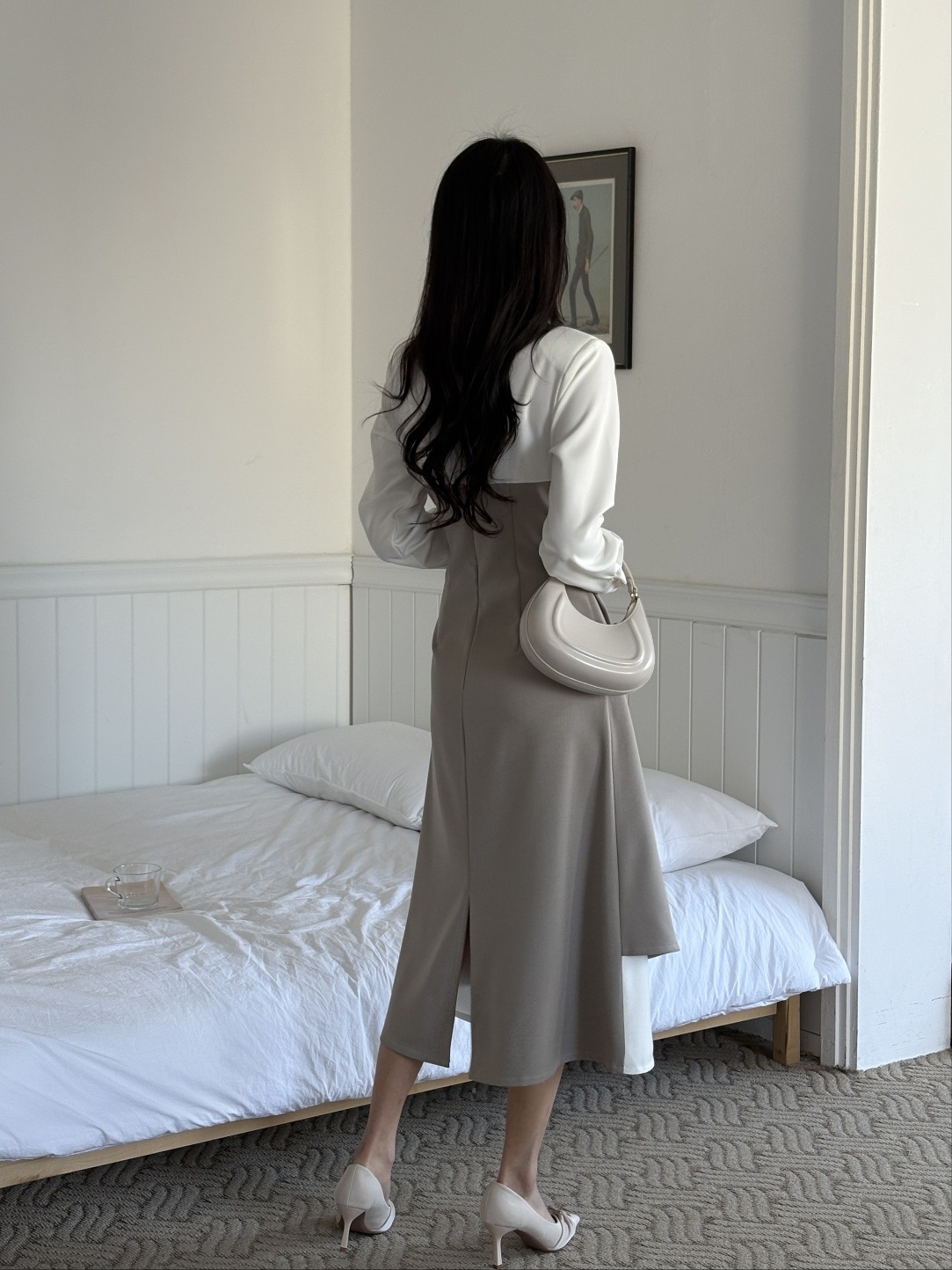 カラースリット肩パッドレイヤード風ハーフボタンロング長袖ギャザー配色ワンピース | 詳細画像20