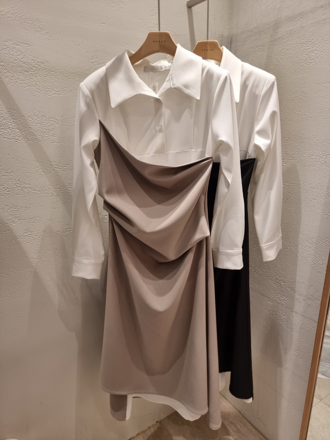 カラースリット肩パッドレイヤード風ハーフボタンロング長袖ギャザー配色ワンピース | 詳細画像21