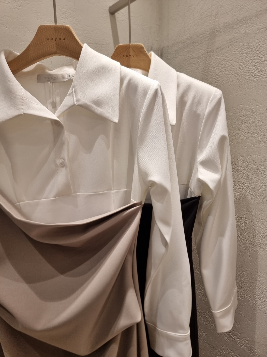 カラースリット肩パッドレイヤード風ハーフボタンロング長袖ギャザー配色ワンピース | 詳細画像22