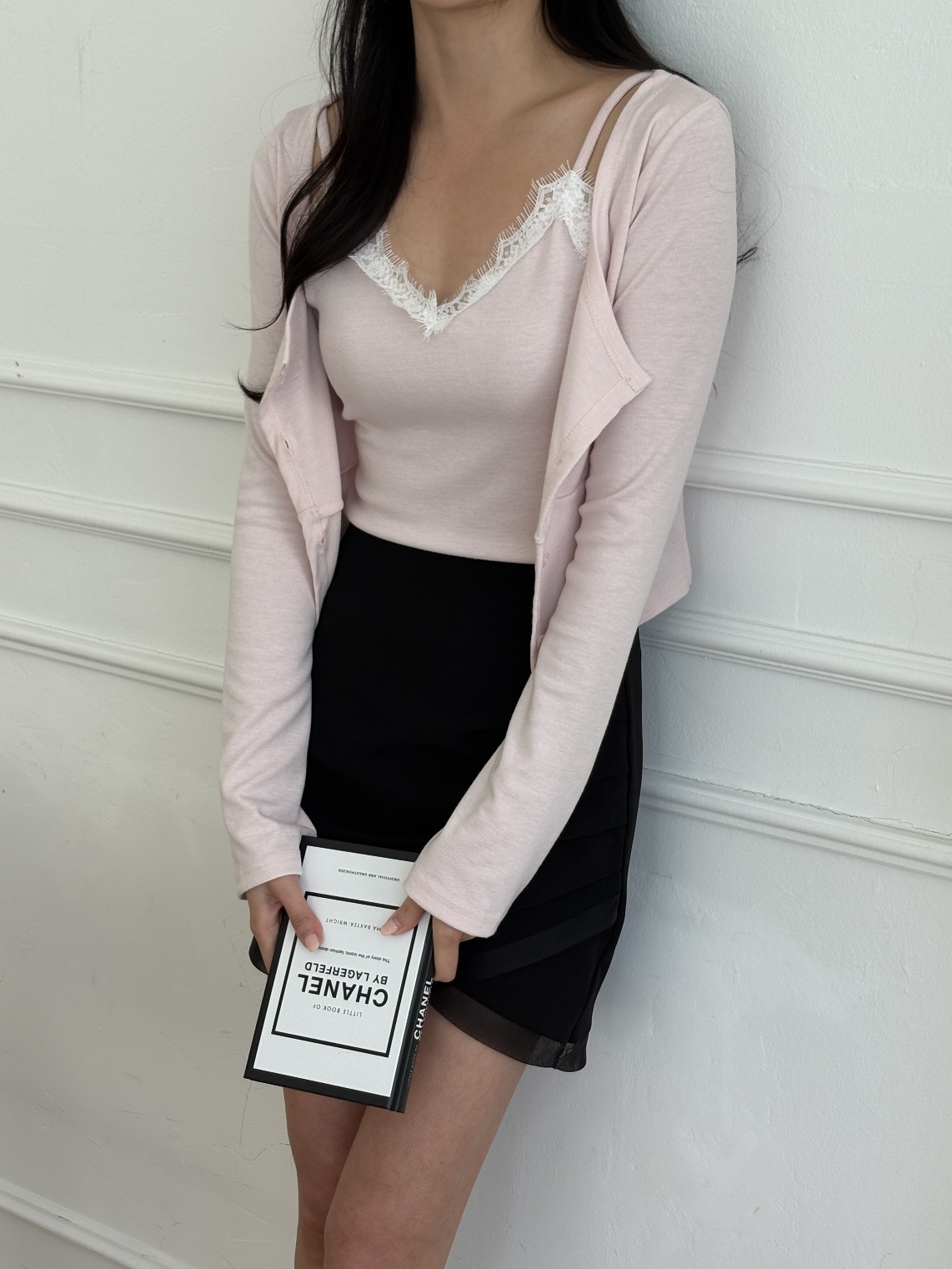 レースボタンラインクロップドスリム長袖カーディガンキャミソールアンサンブル | 詳細画像6