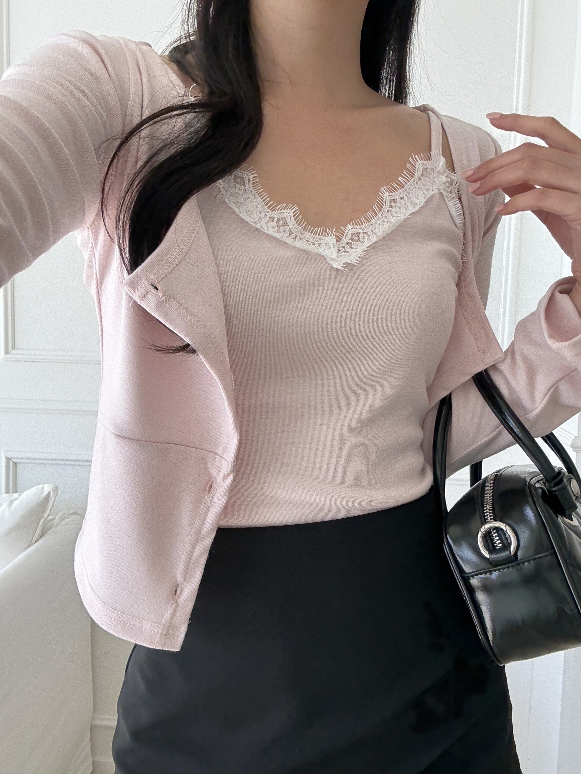 レースボタンラインクロップドスリム長袖カーディガンキャミソールアンサンブル | 詳細画像13