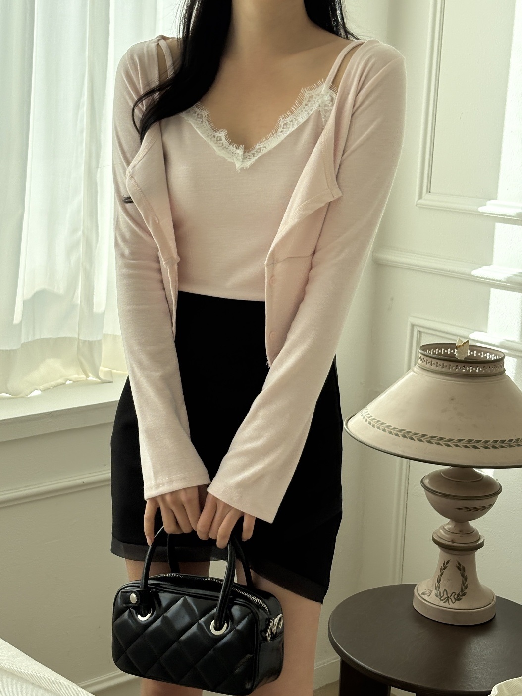 レースボタンラインクロップドスリム長袖カーディガンキャミソールアンサンブル | 詳細画像12