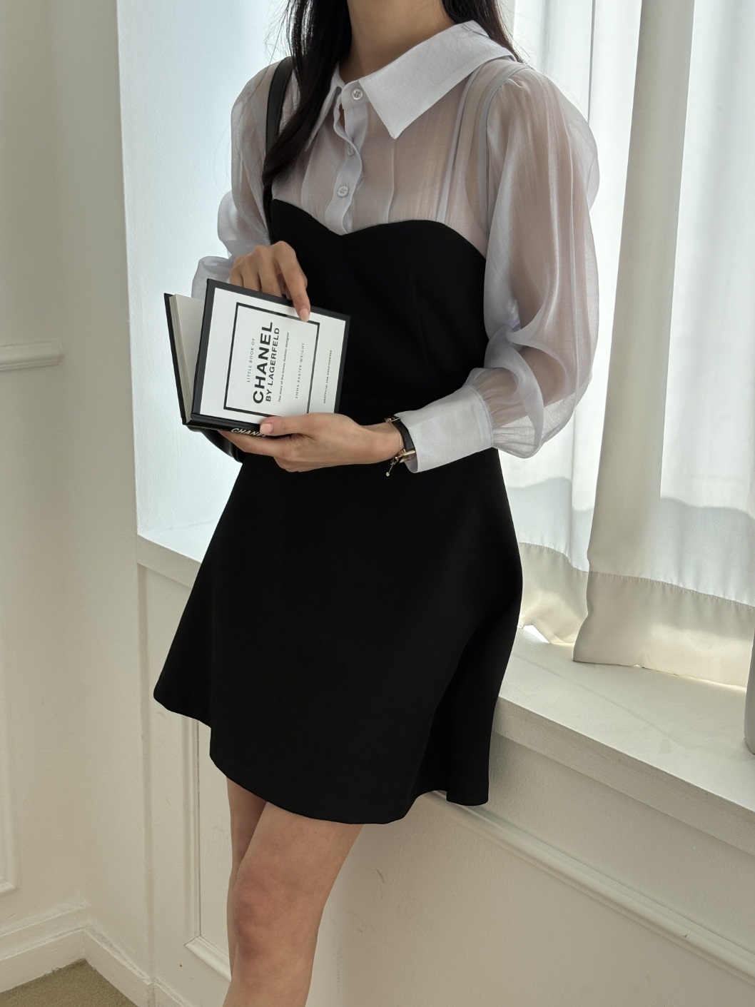 シフォンカラーパフスリーブレイヤード風ハーフボタンミニ配色ワンピース | 詳細画像2