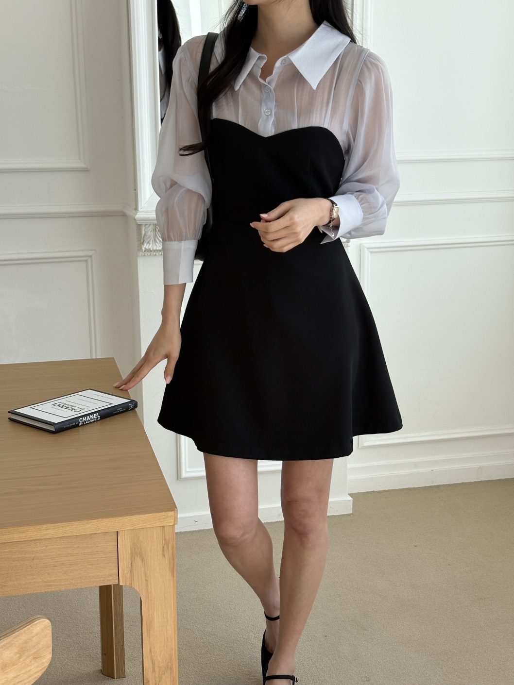 シフォンカラーパフスリーブレイヤード風ハーフボタンミニ配色ワンピース | 詳細画像3