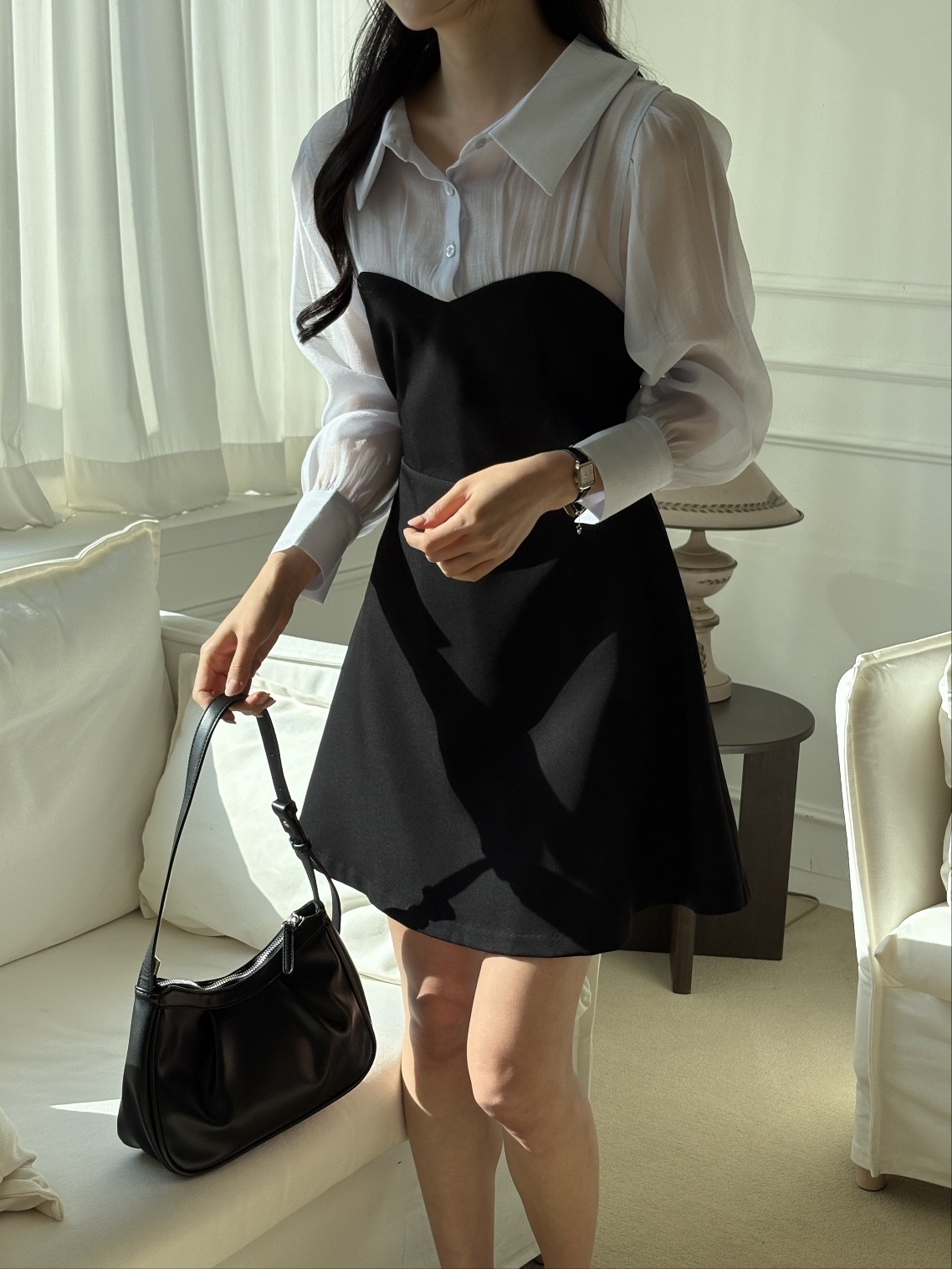 シフォンカラーパフスリーブレイヤード風ハーフボタンミニ配色ワンピース | 詳細画像7