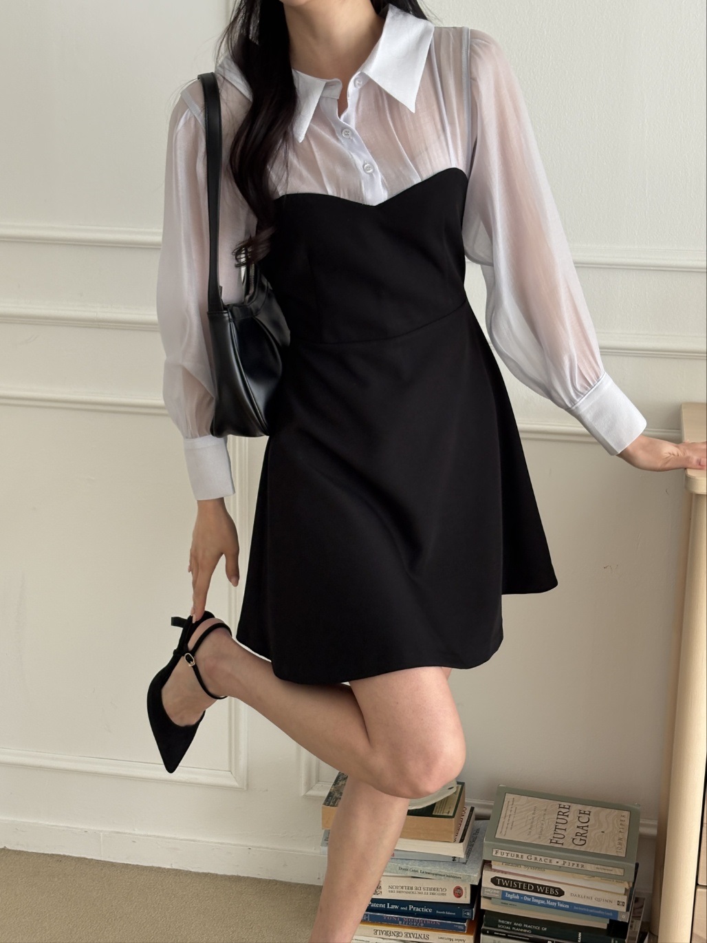 シフォンカラーパフスリーブレイヤード風ハーフボタンミニ配色ワンピース | 詳細画像14