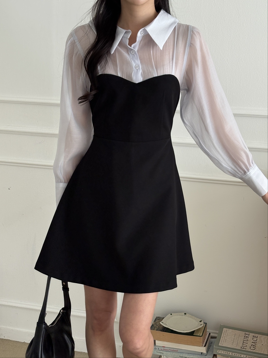 シフォンカラーパフスリーブレイヤード風ハーフボタンミニ配色ワンピース | 詳細画像15