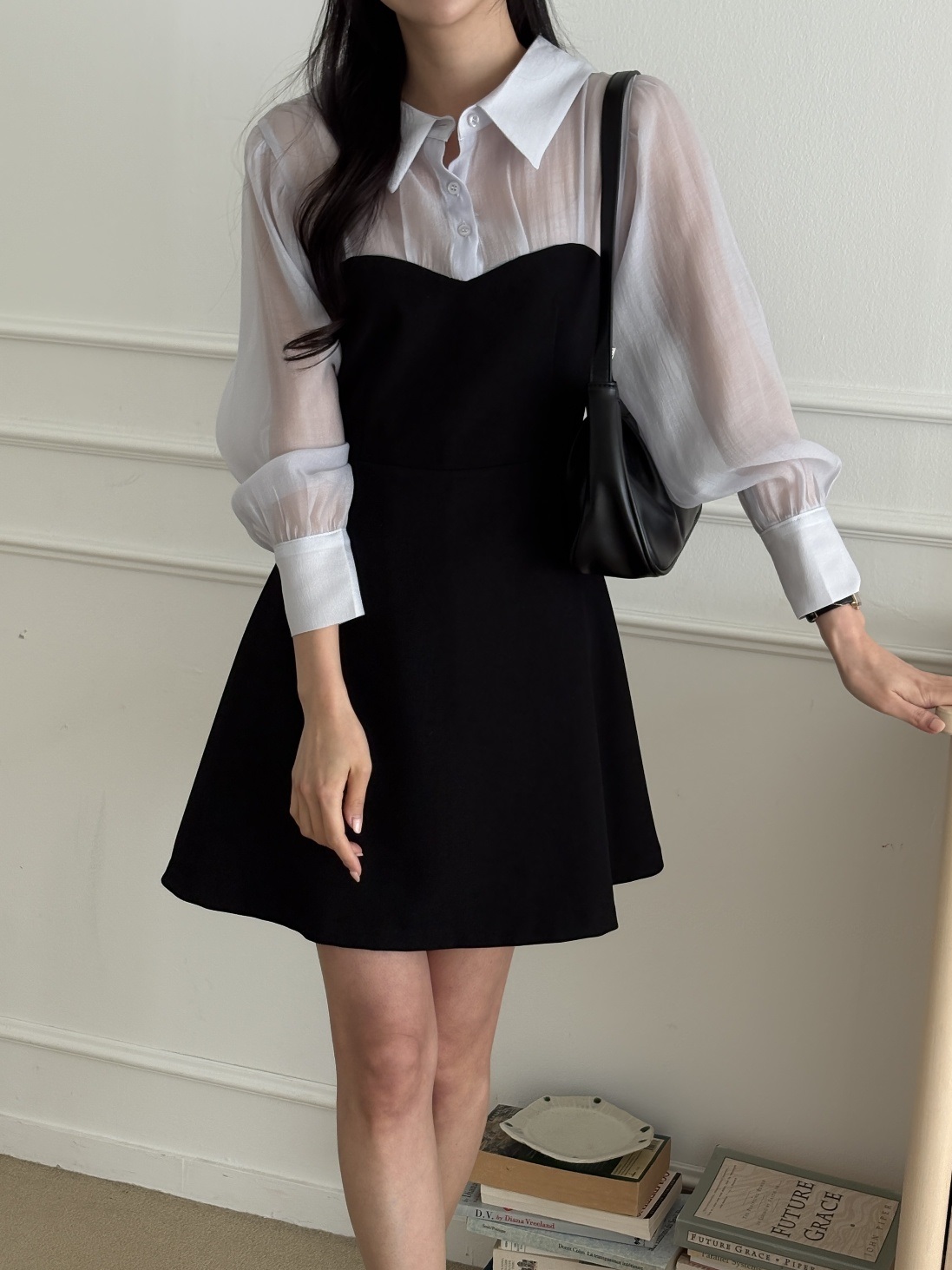 シフォンカラーパフスリーブレイヤード風ハーフボタンミニ配色ワンピース | 詳細画像17