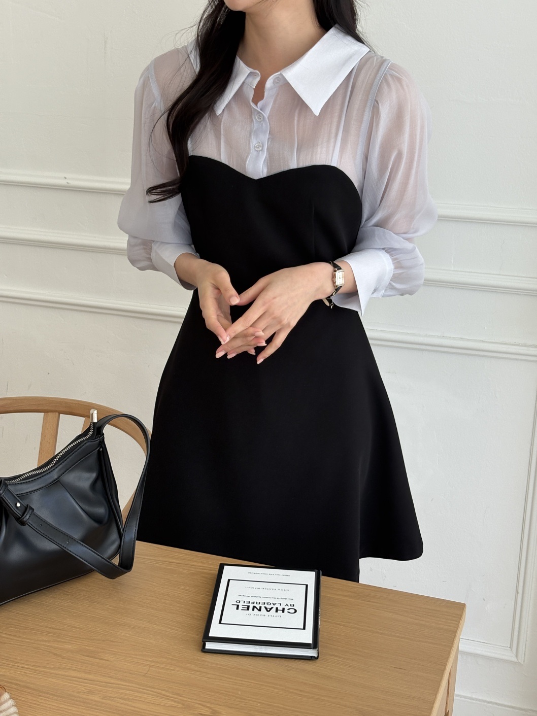 シフォンカラーパフスリーブレイヤード風ハーフボタンミニ配色ワンピース | 詳細画像19