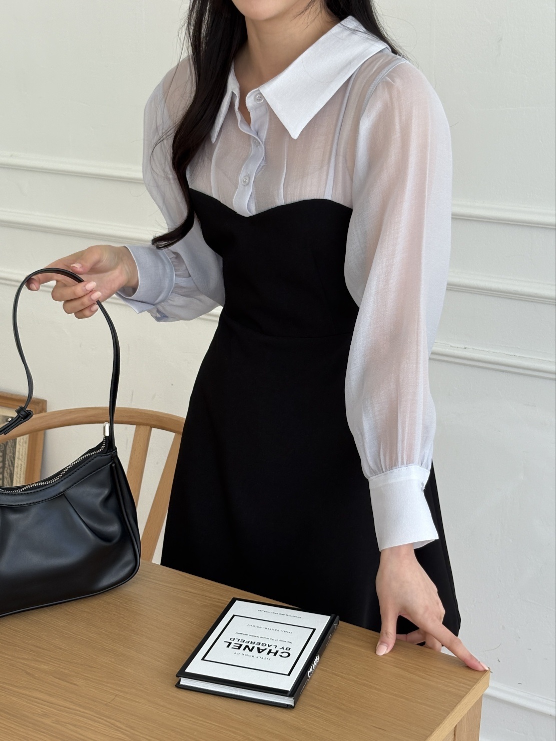 シフォンカラーパフスリーブレイヤード風ハーフボタンミニ配色ワンピース | 詳細画像20