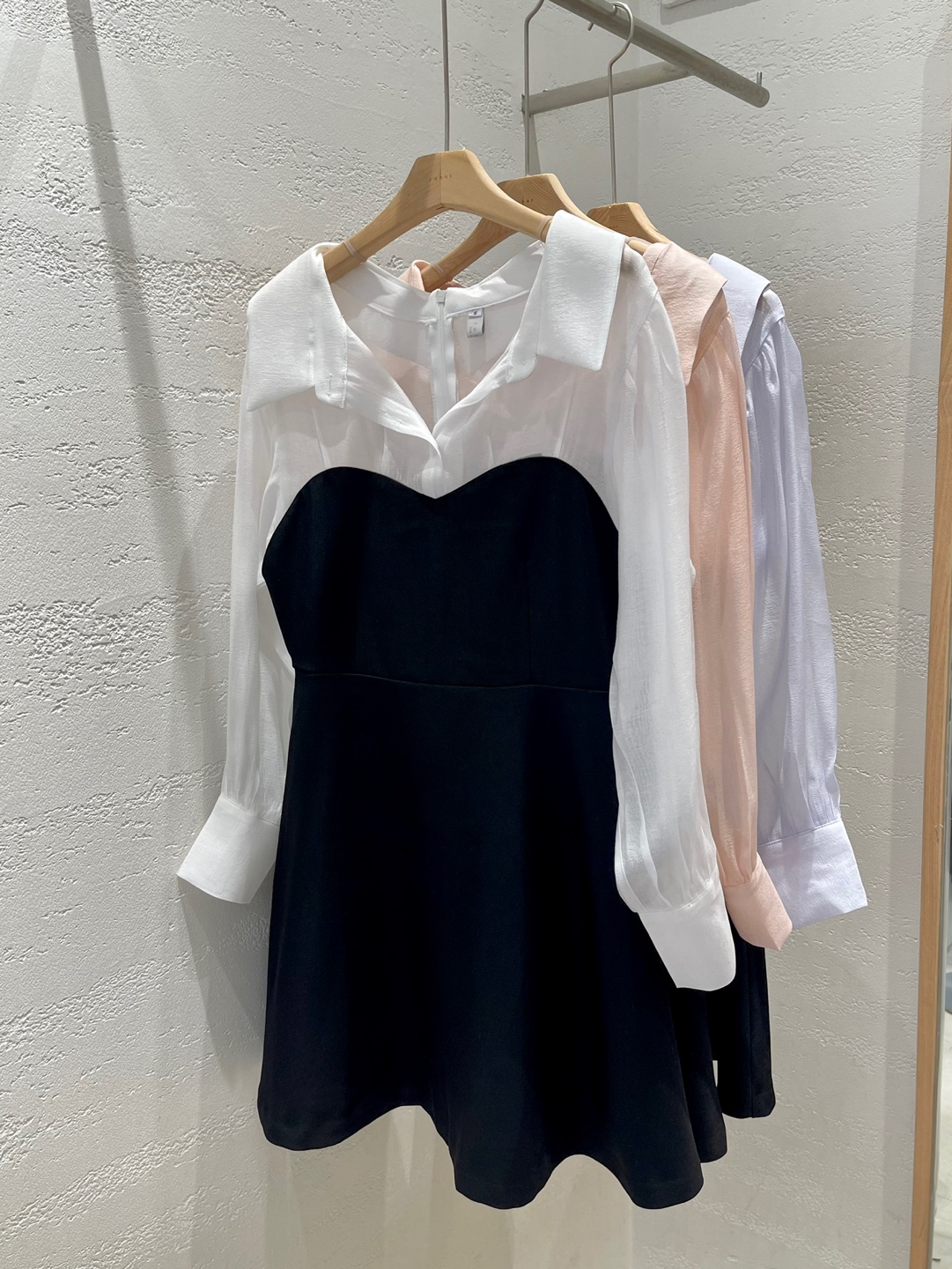 シフォンカラーパフスリーブレイヤード風ハーフボタンミニ配色ワンピース | 詳細画像21