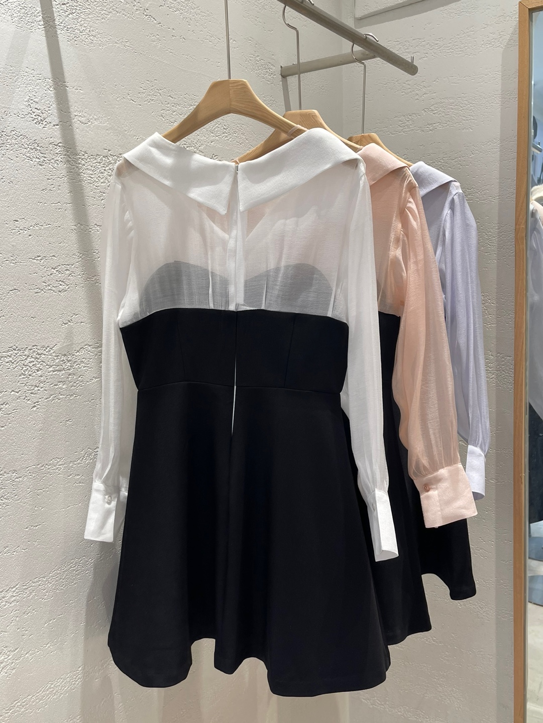 シフォンカラーパフスリーブレイヤード風ハーフボタンミニ配色ワンピース | 詳細画像23