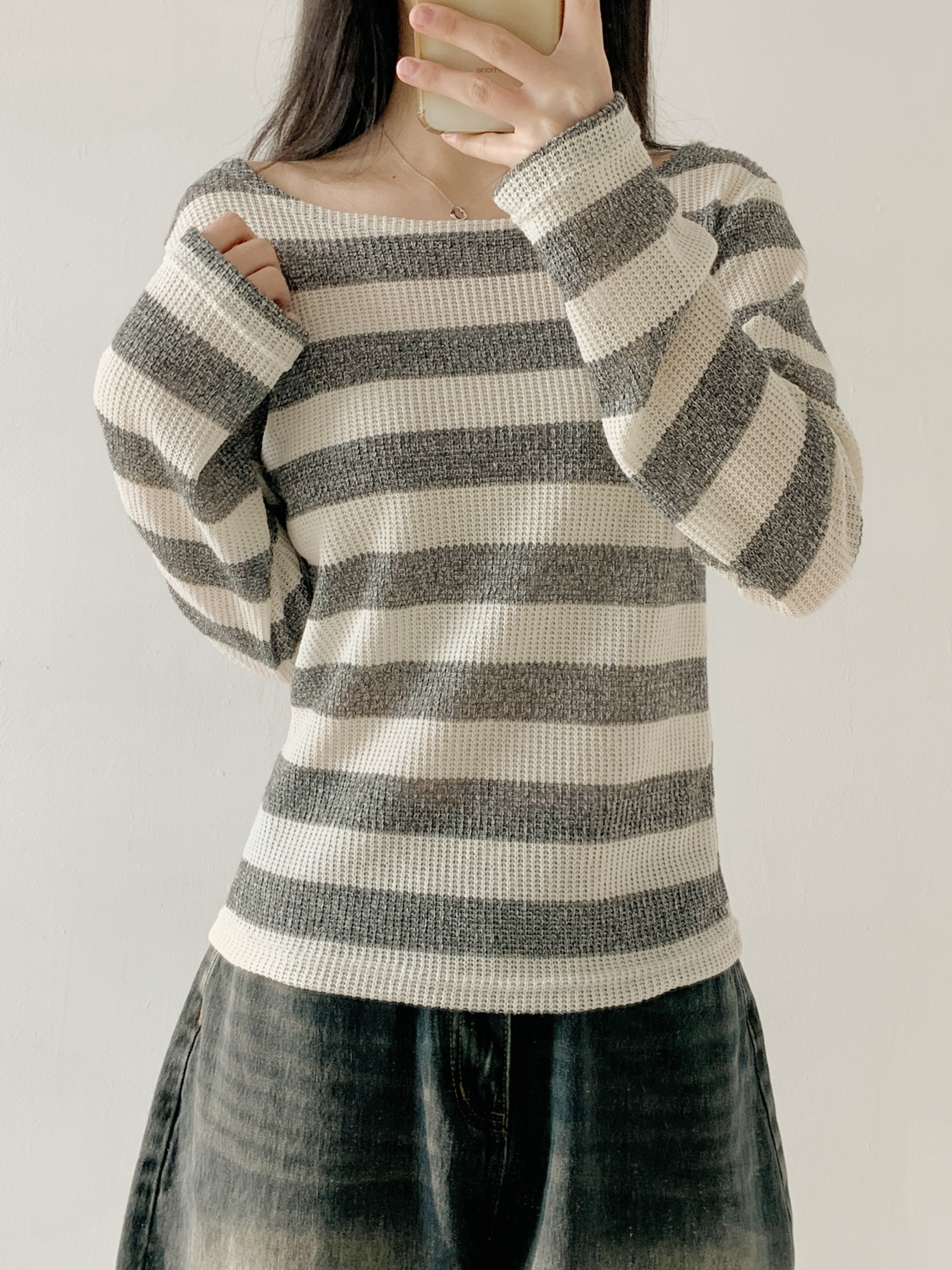 ボートネックルーズ長袖ボーダーTシャツ | 詳細画像2