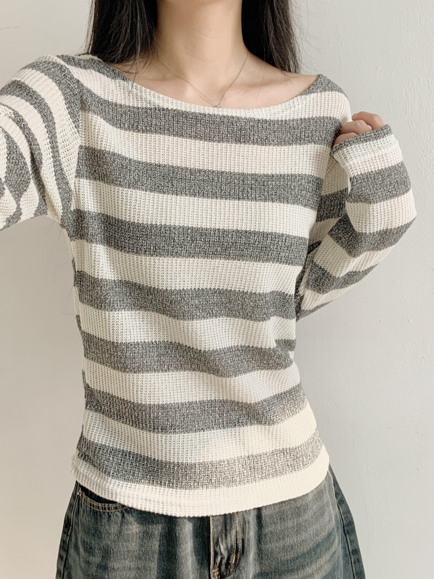 ボートネックルーズ長袖ボーダーTシャツ | 詳細画像5