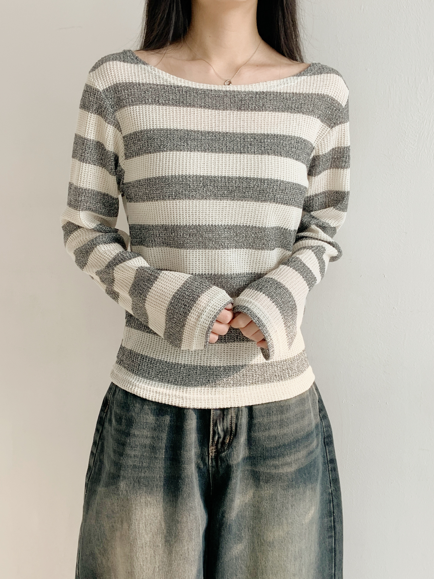 ボートネックルーズ長袖ボーダーTシャツ | 詳細画像9