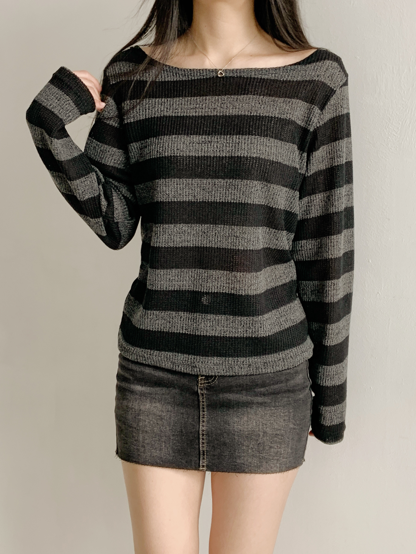 ボートネックルーズ長袖ボーダーTシャツ | 詳細画像11