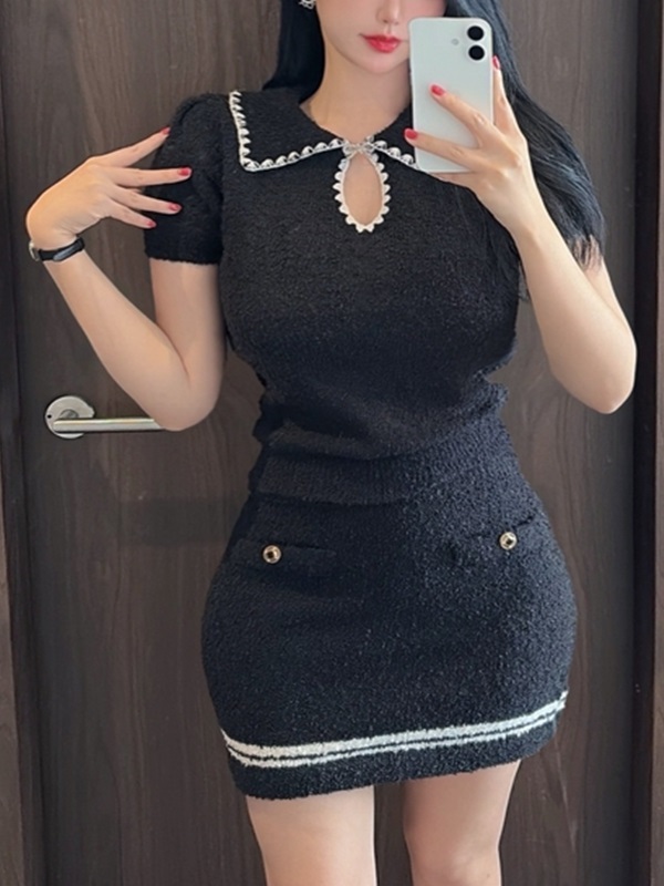 カラーウエストゴムパフスリーブルーズ半袖Aラインフェイクボタンミニ配色ツーピース(トップス、ボトムス)スカートニット | 詳細画像5