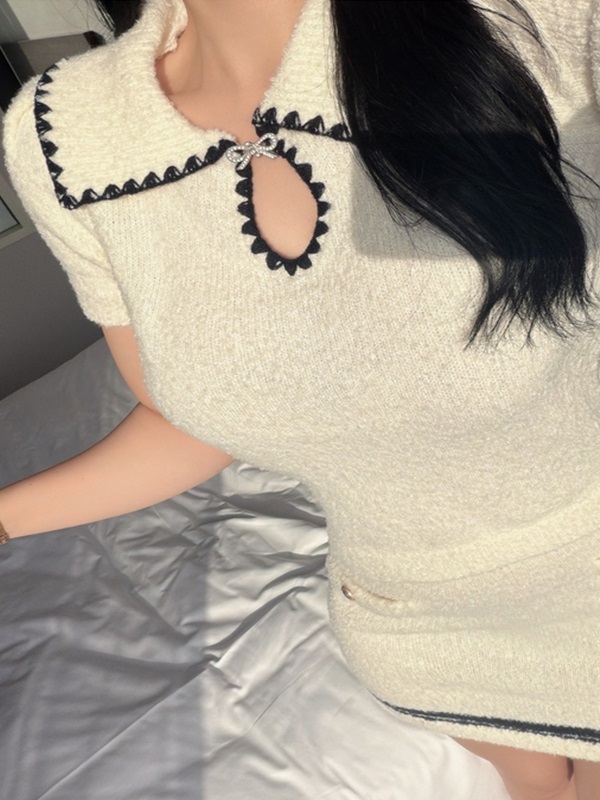 カラーウエストゴムパフスリーブルーズ半袖Aラインフェイクボタンミニ配色ツーピース(トップス、ボトムス)スカートニット | 詳細画像4