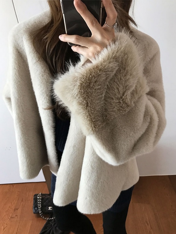 ムートンコンビエコファーノーカラーオーバーサイズ長袖ハーフジャケット | 詳細画像3