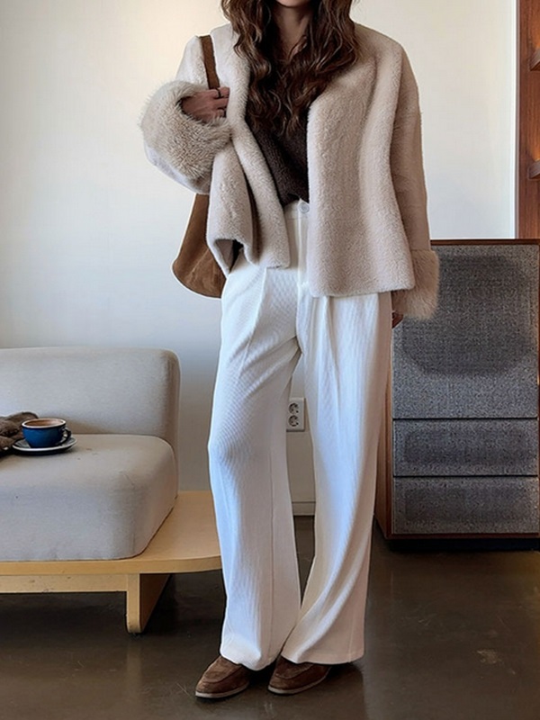 ムートンコンビエコファーノーカラーオーバーサイズ長袖ハーフジャケット | 詳細画像9