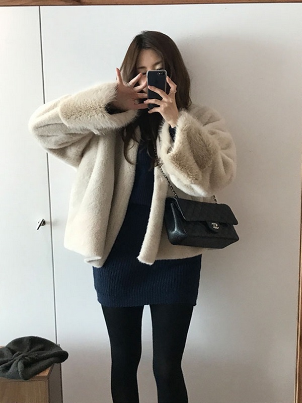 ムートンコンビエコファーノーカラーオーバーサイズ長袖ハーフジャケット | 詳細画像4