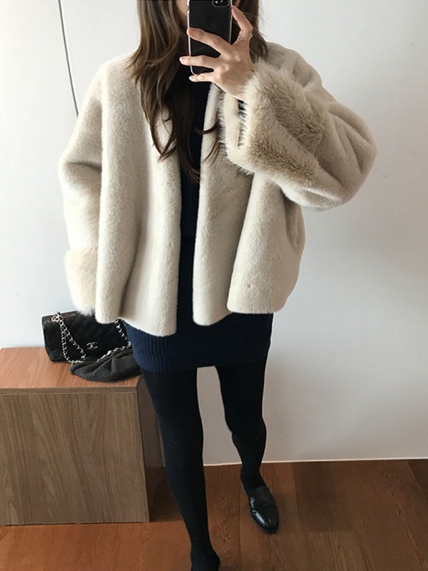 ムートンコンビエコファーノーカラーオーバーサイズ長袖ハーフジャケット | 詳細画像13