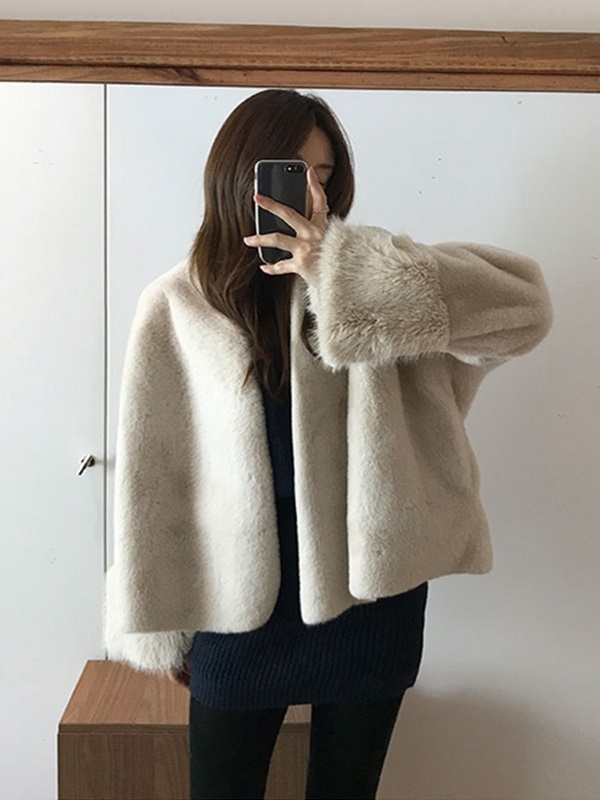 ムートンコンビエコファーノーカラーオーバーサイズ長袖ハーフジャケット | 詳細画像5