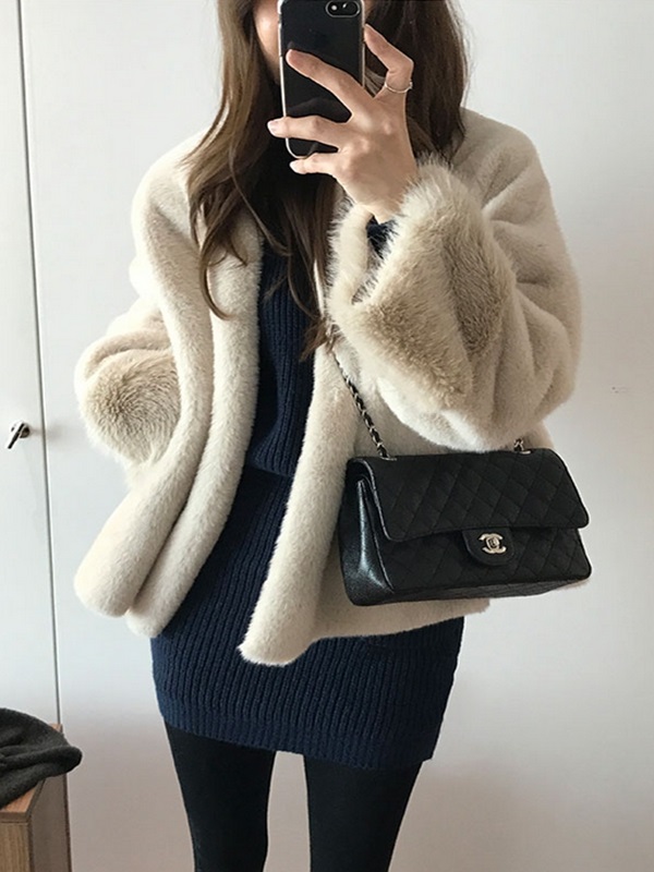 ムートンコンビエコファーノーカラーオーバーサイズ長袖ハーフジャケット | 詳細画像2