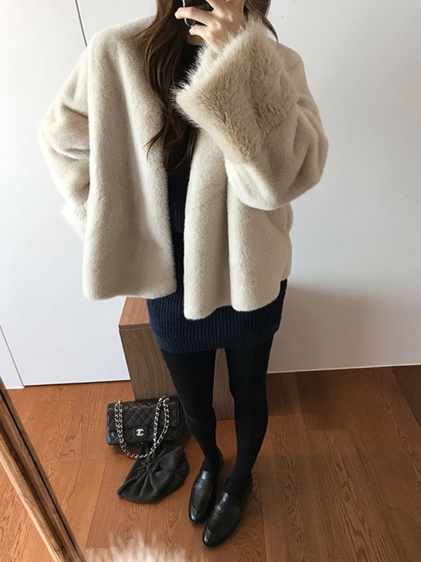 ムートンコンビエコファーノーカラーオーバーサイズ長袖ハーフジャケット | 詳細画像12