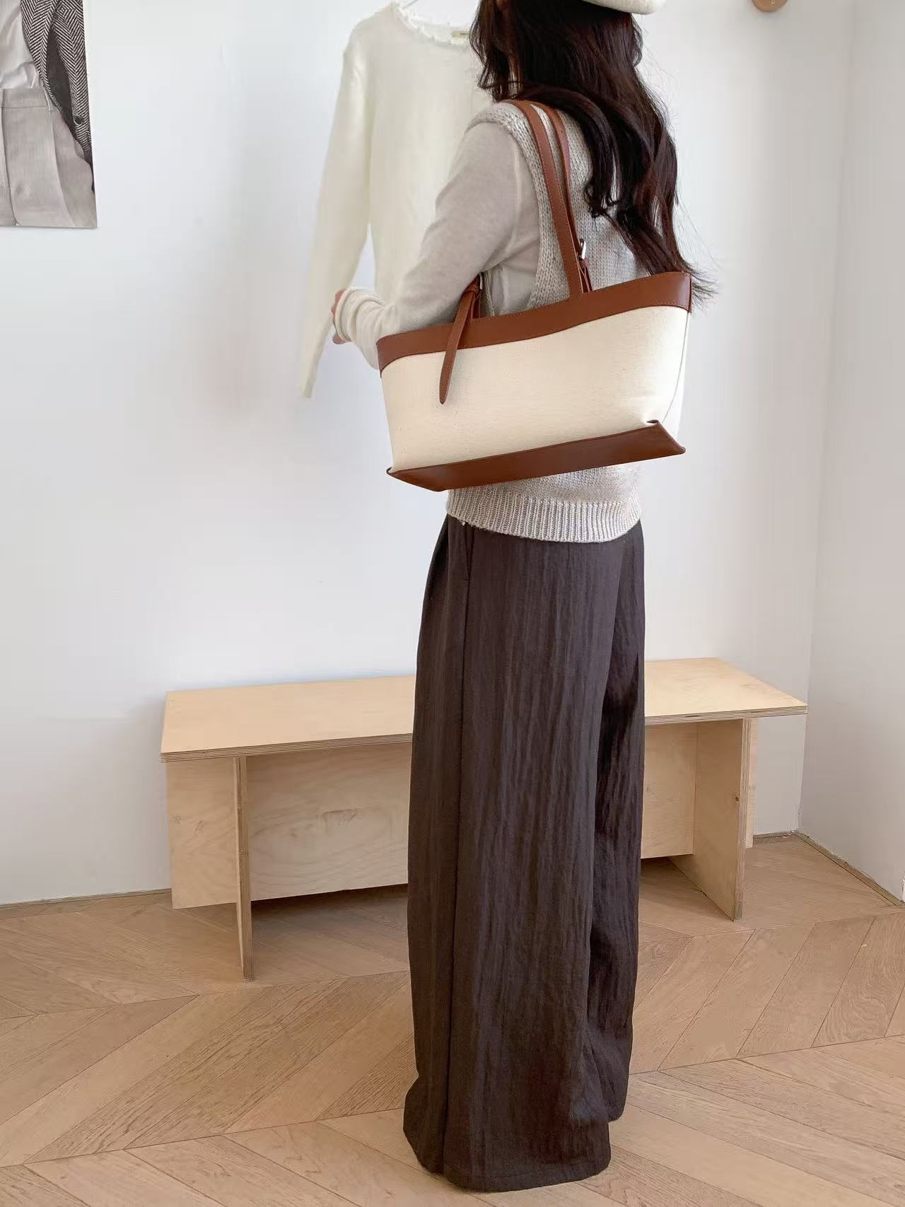 レザー調バックルマグネットボタン配色トートバッグ | 詳細画像2