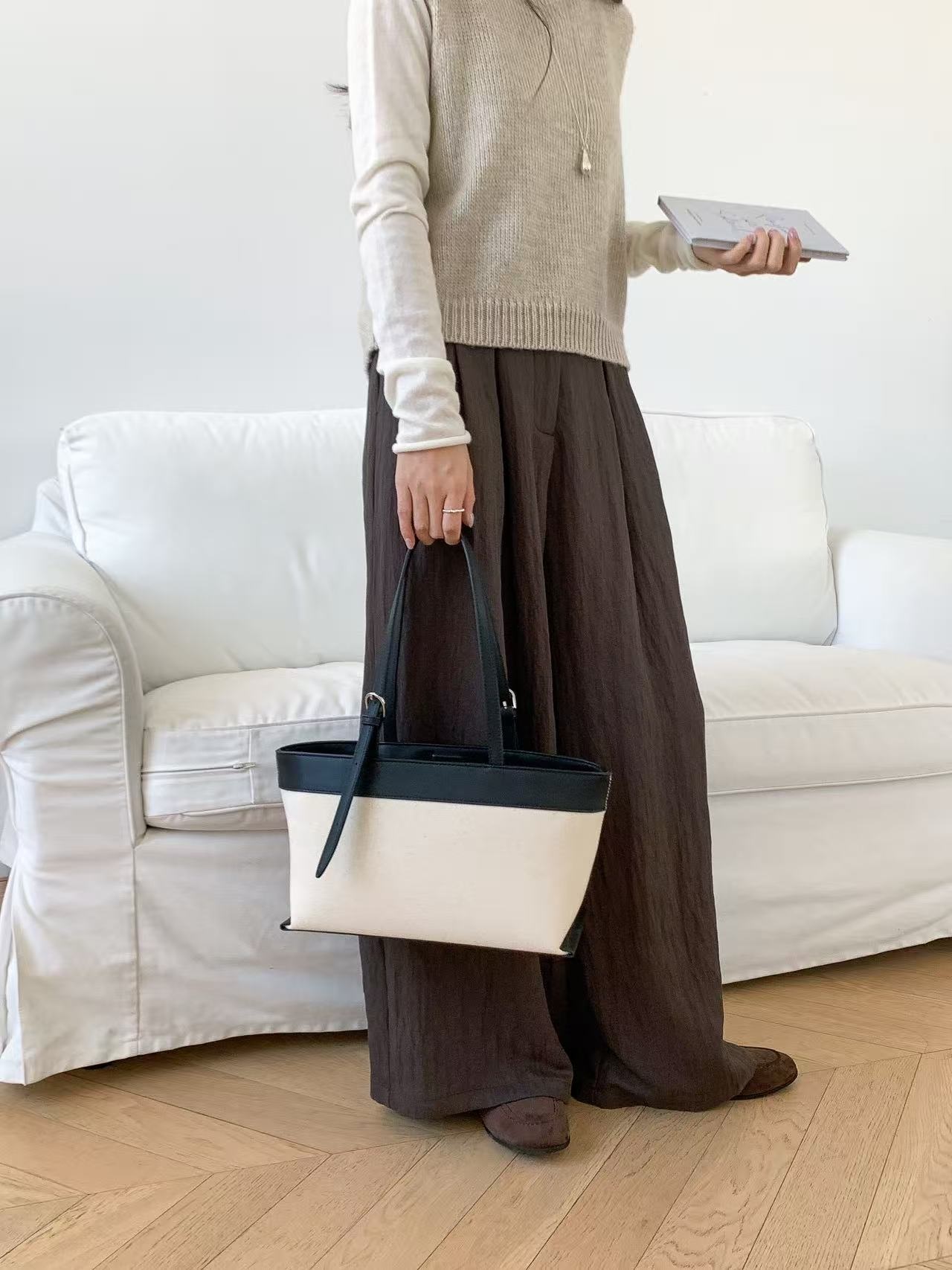 レザー調バックルマグネットボタン配色トートバッグ | 詳細画像5