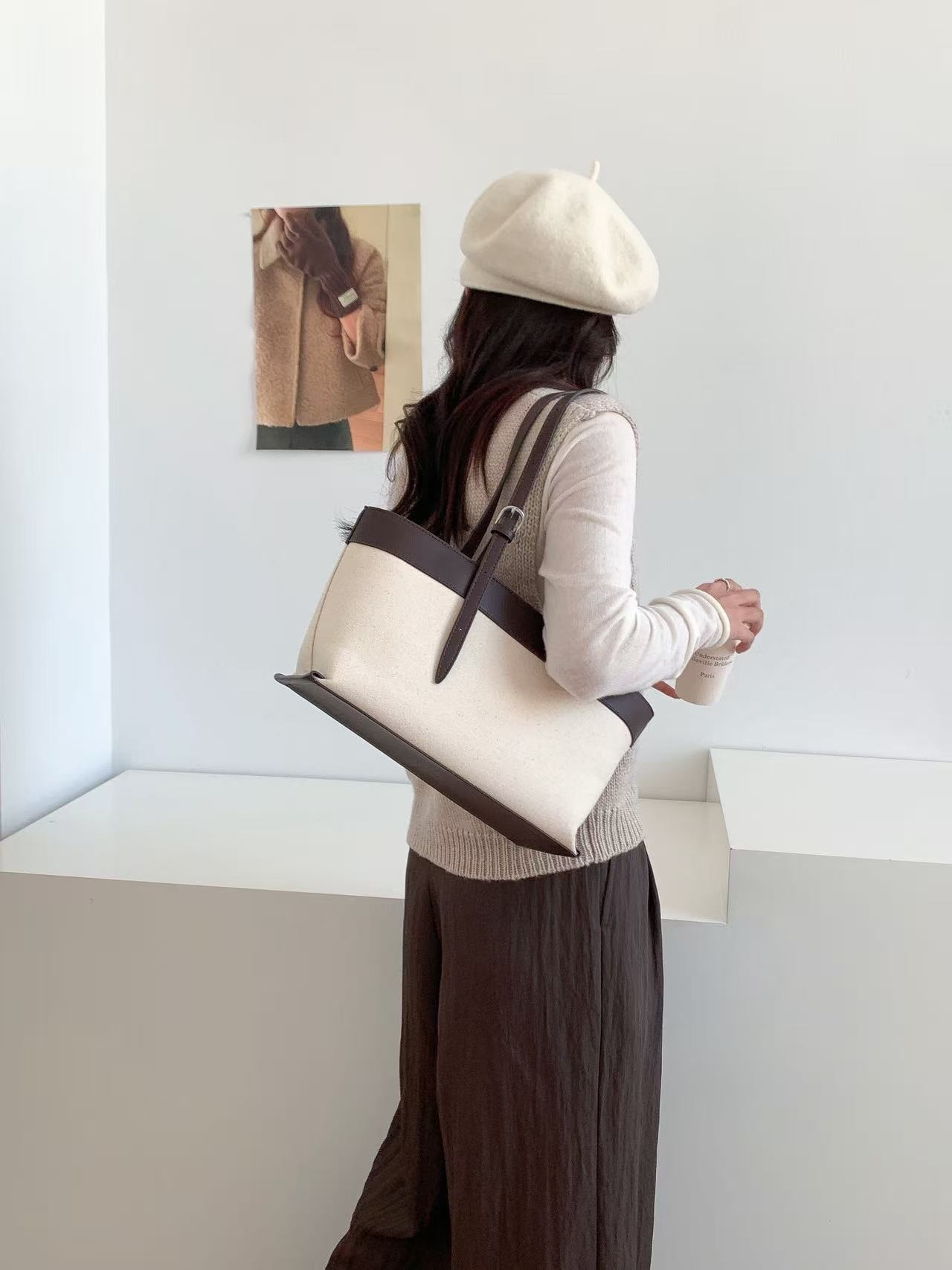 レザー調バックルマグネットボタン配色トートバッグ | 詳細画像8