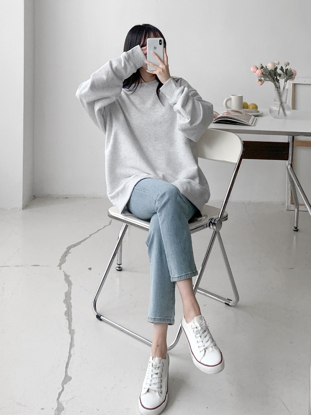 ラウンドネックオーバーサイズボクシー長袖無地スウェット | 詳細画像3