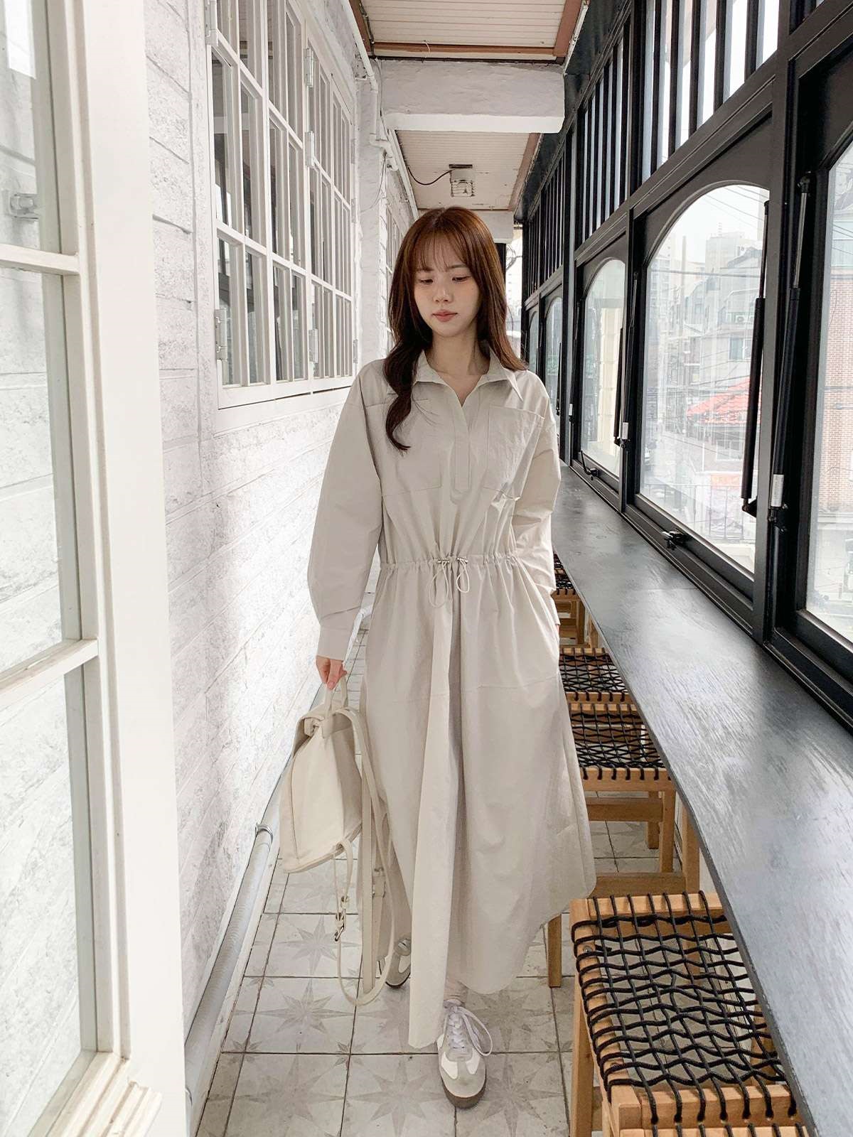 カラードローコードロングルーズ長袖アウトポケットフレア無地ワンピース | 詳細画像2