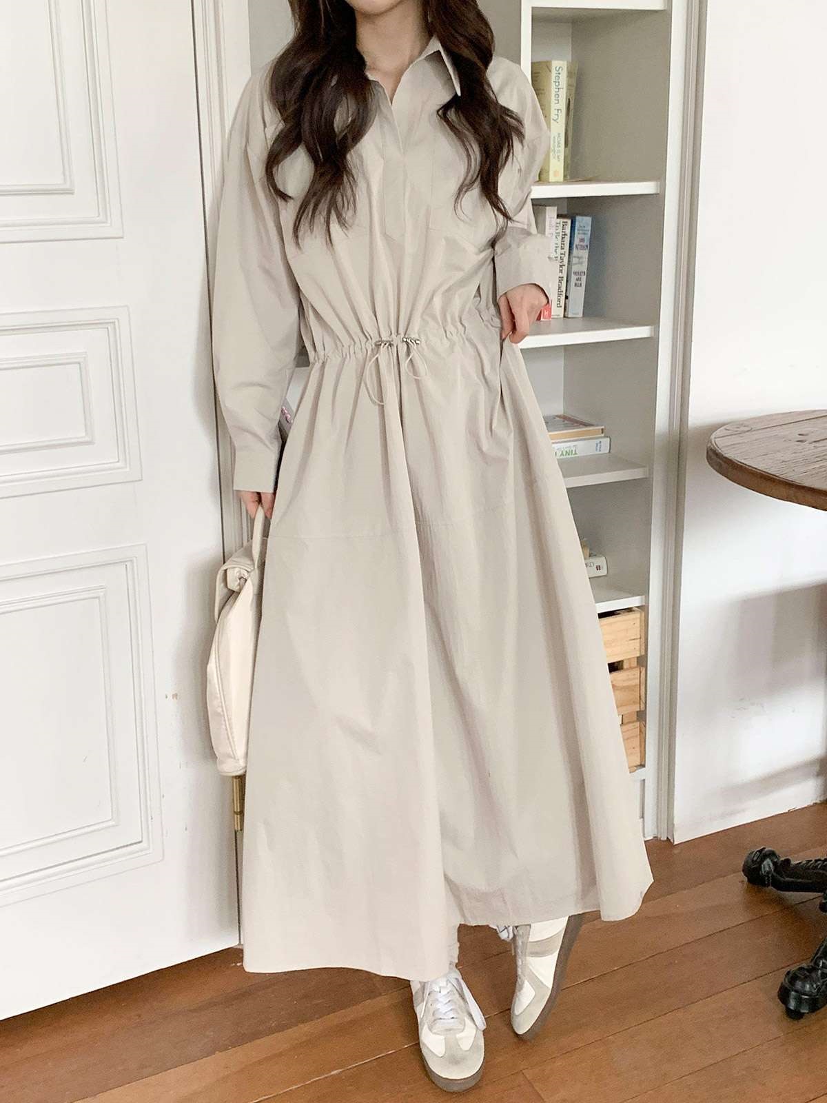 カラードローコードロングルーズ長袖アウトポケットフレア無地ワンピース | 詳細画像5