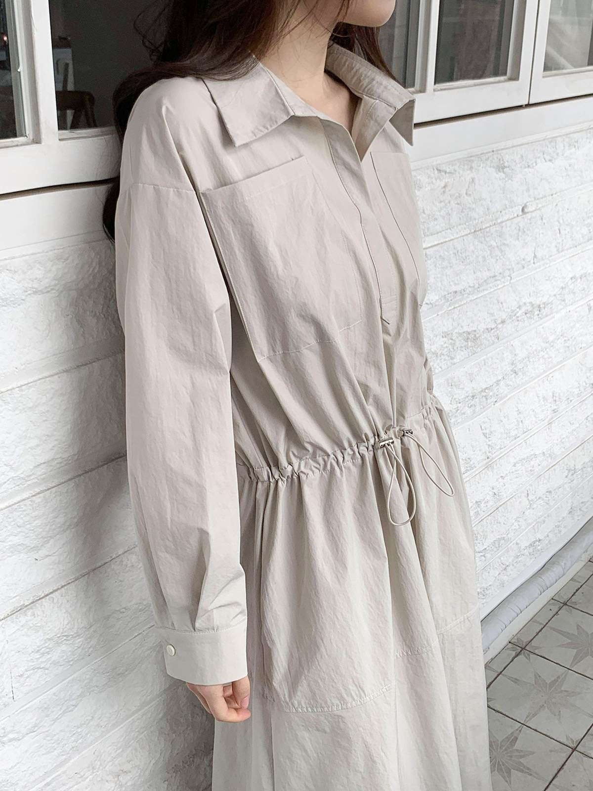 カラードローコードロングルーズ長袖アウトポケットフレア無地ワンピース | 詳細画像6